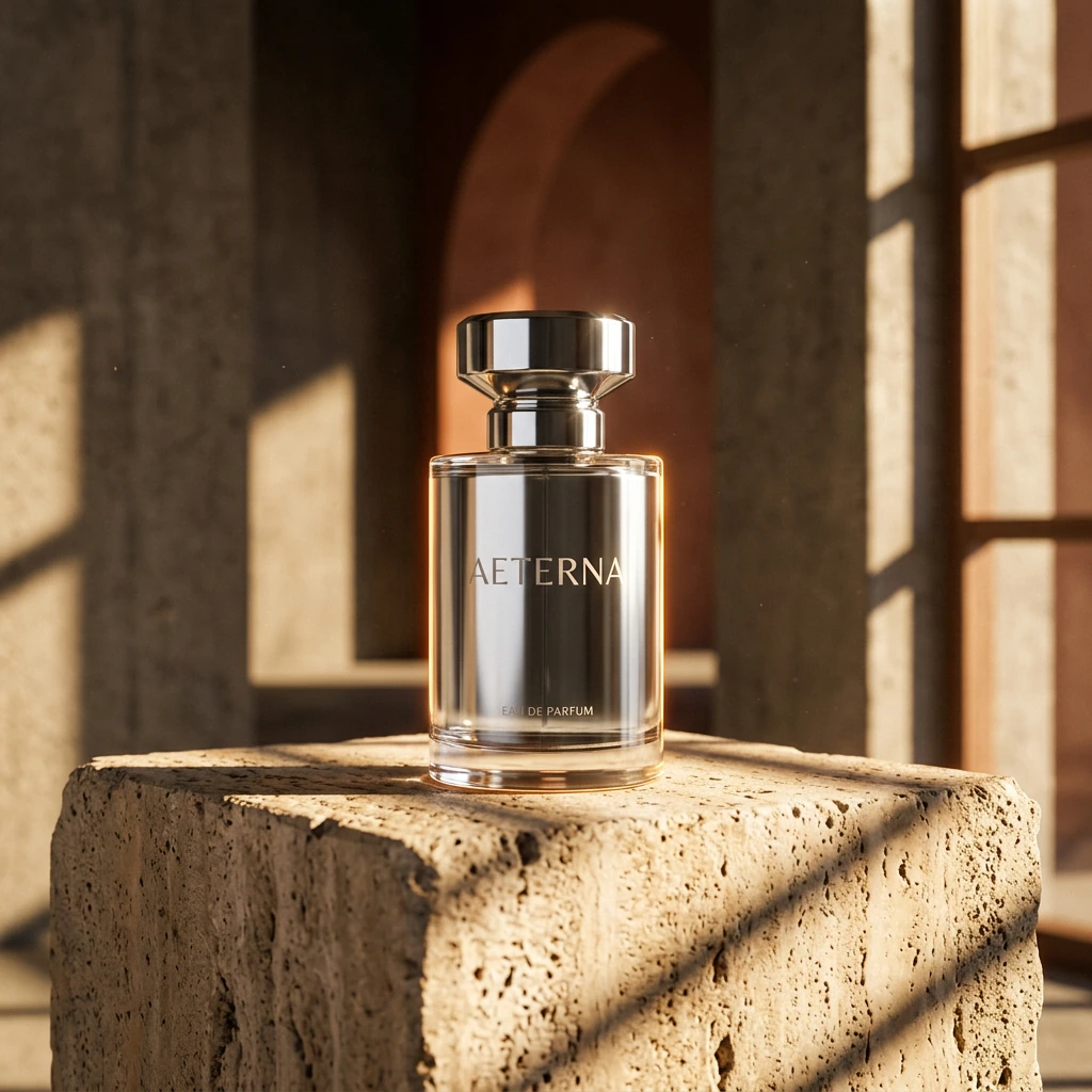 Chrome bottle on travertine